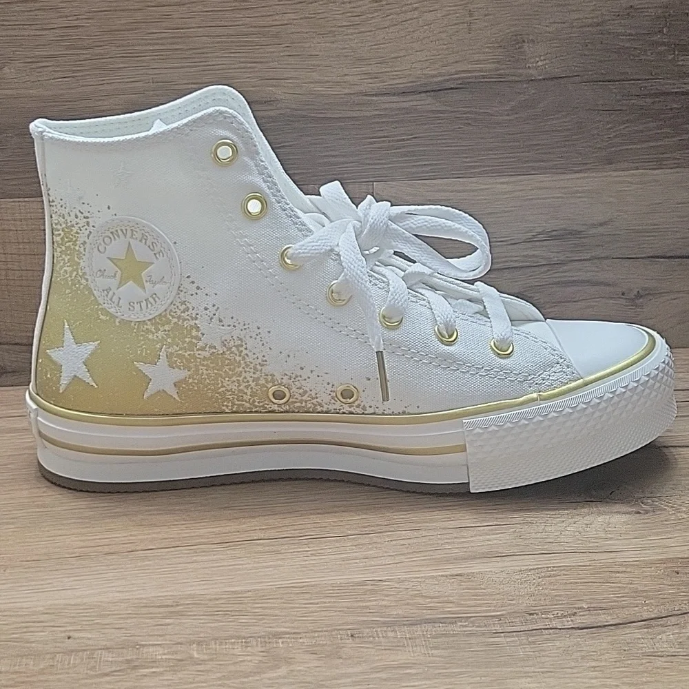 Converse White and Gold High-Top Sneakers Classic Style Size 7.5 Women